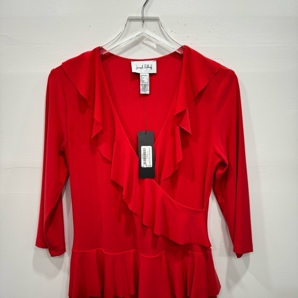 Joseph Ribkoff Red Ruffle Wrap Dress Size 6 - Picture 4 of 8